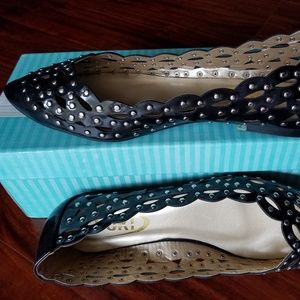 Black patent leather studded flats, women's 6